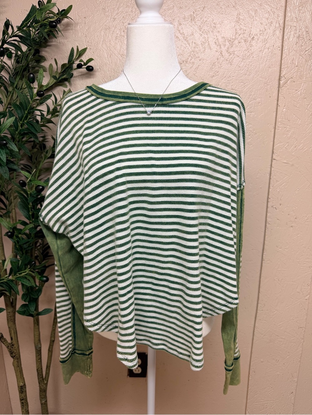 Hem & Thread Green and White Striped Knit Top